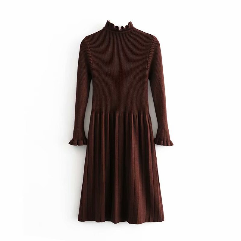 Elegant Ruffle Long Sleeve Knitted Sweater Dress